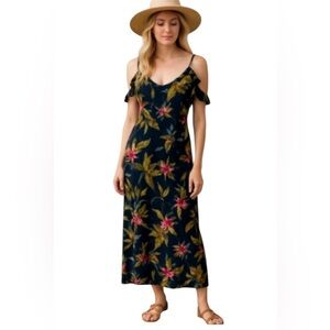 Navy Tropical Print Ruffle Off Shoulder Long Maxi Dress M